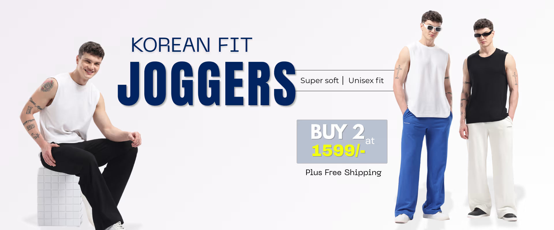 Promotional banner for Korean fit joggers with models wearing different colored jogger pants on a white background.