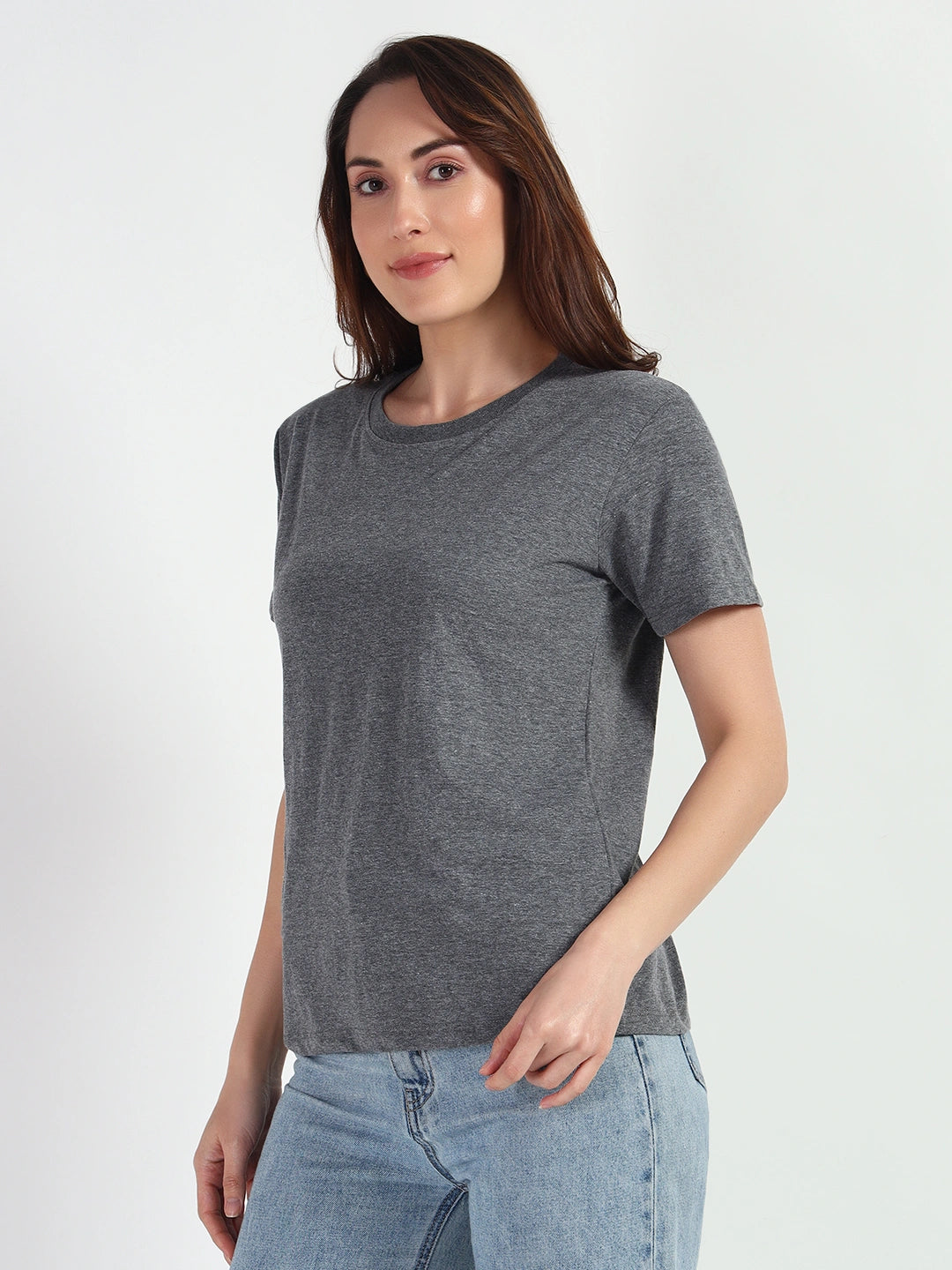 Dark Grey HTR Women Plain T-shirt