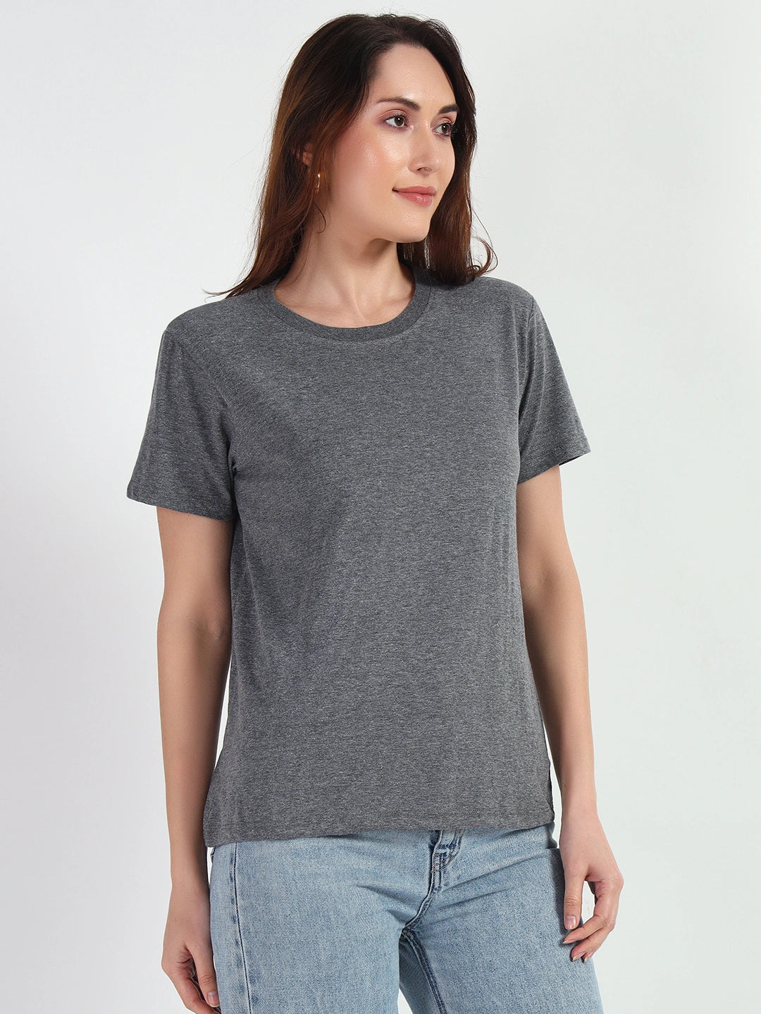 Dark Grey HTR Women Plain T-shirt