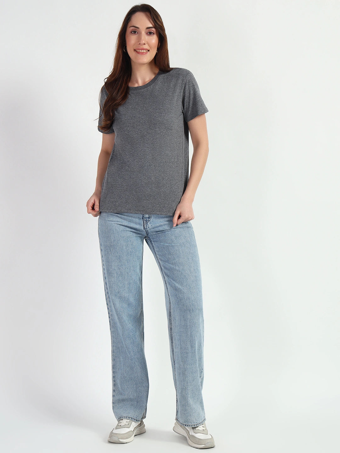 Dark Grey HTR Women Plain T-shirt