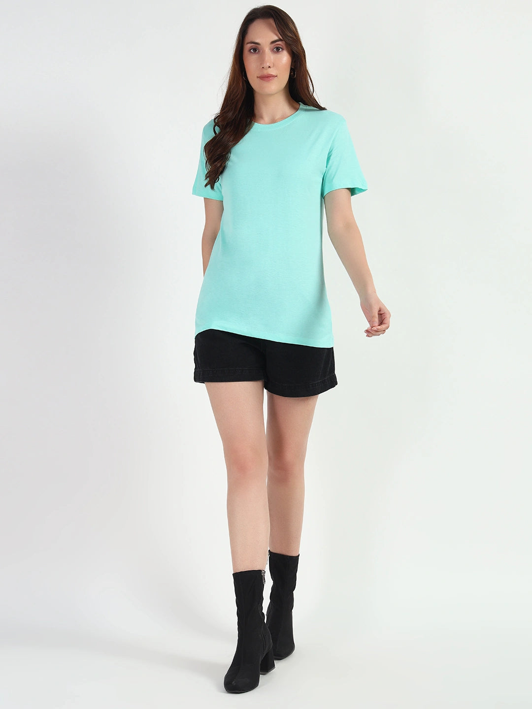 Cyan Women Plain T-shirt