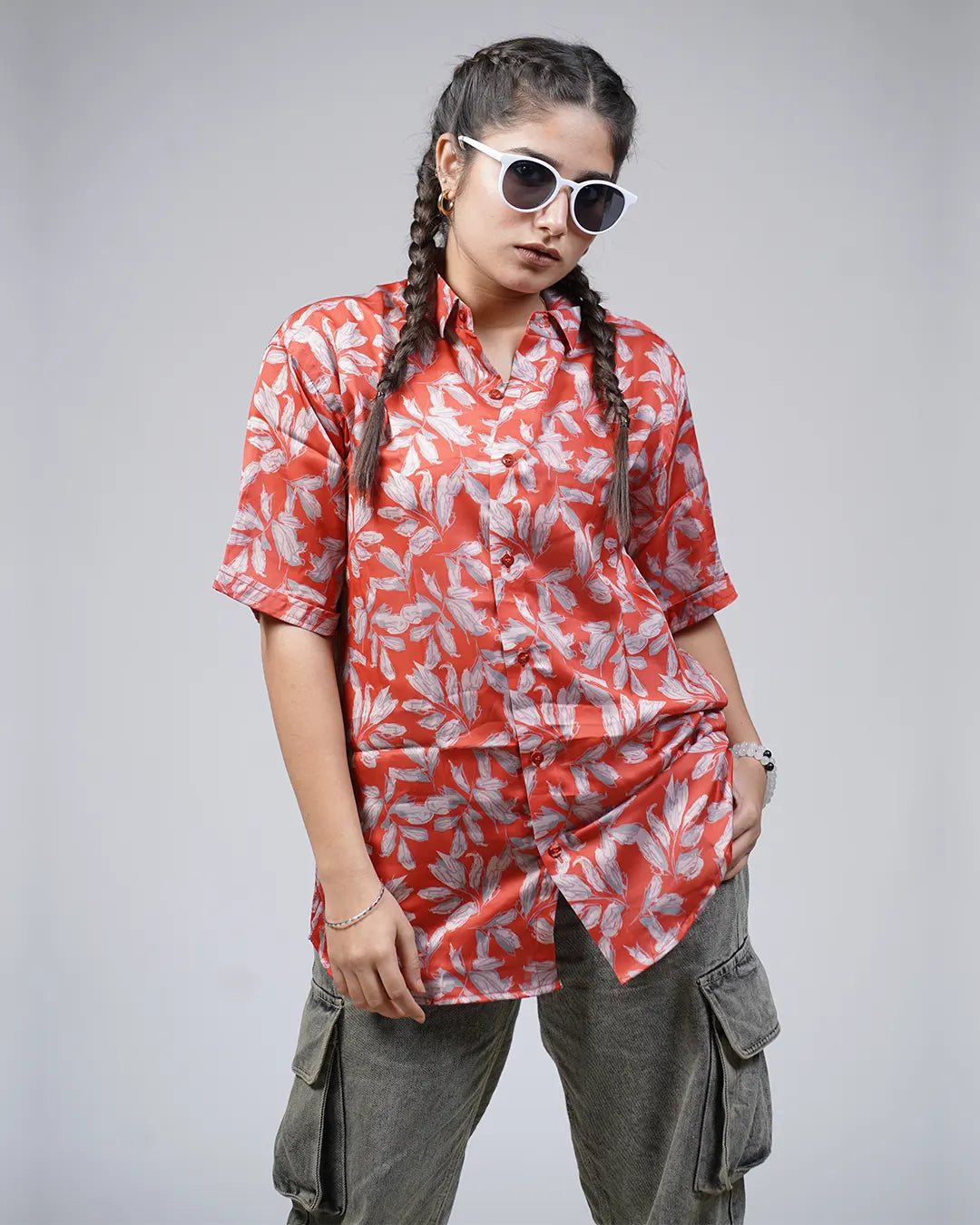 Red Floral Women Oversized Shirt cartoonpantii