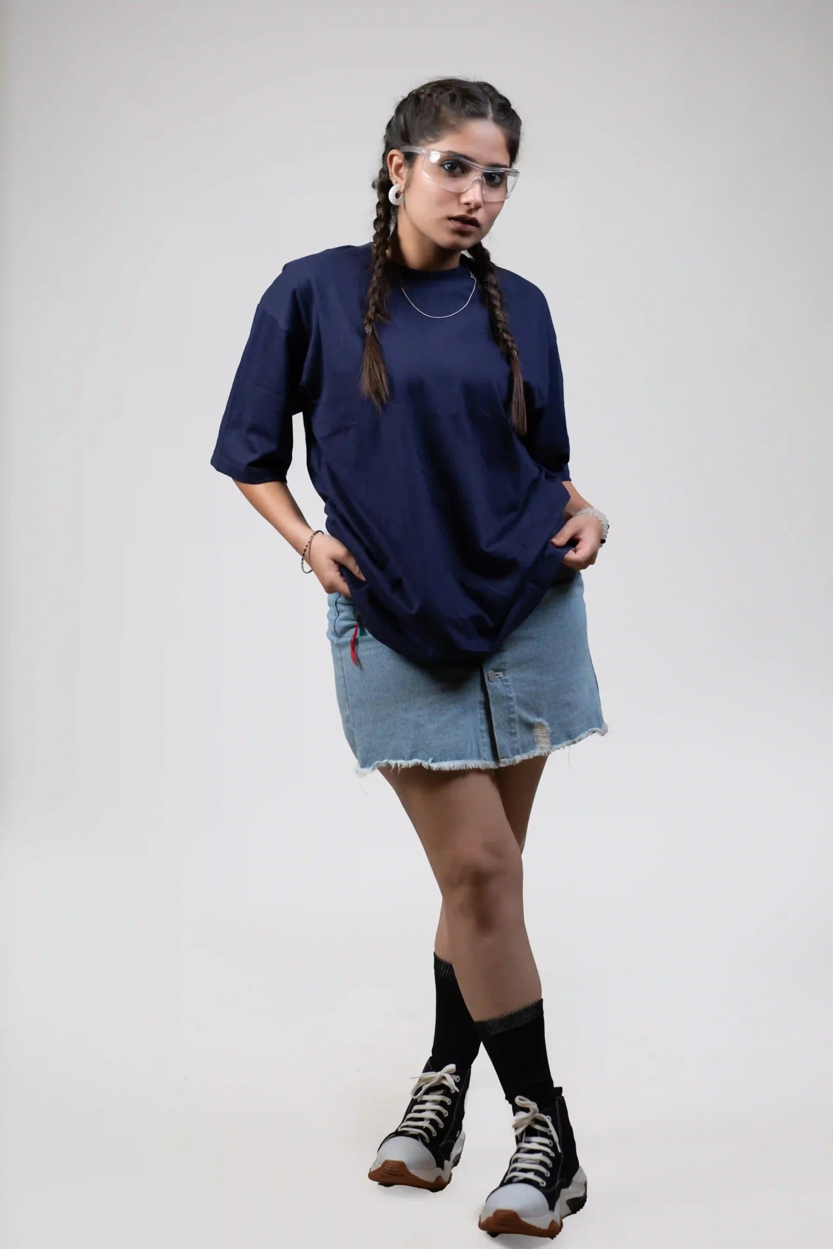 Navy Blue Solid Oversized T-shirt cartoonpantii