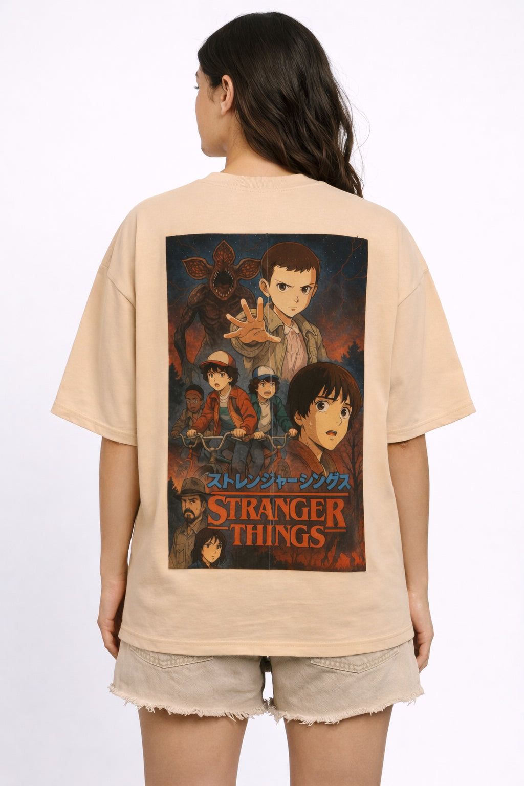 Stranger Things Oversized Graphic T-Shirt – Beige