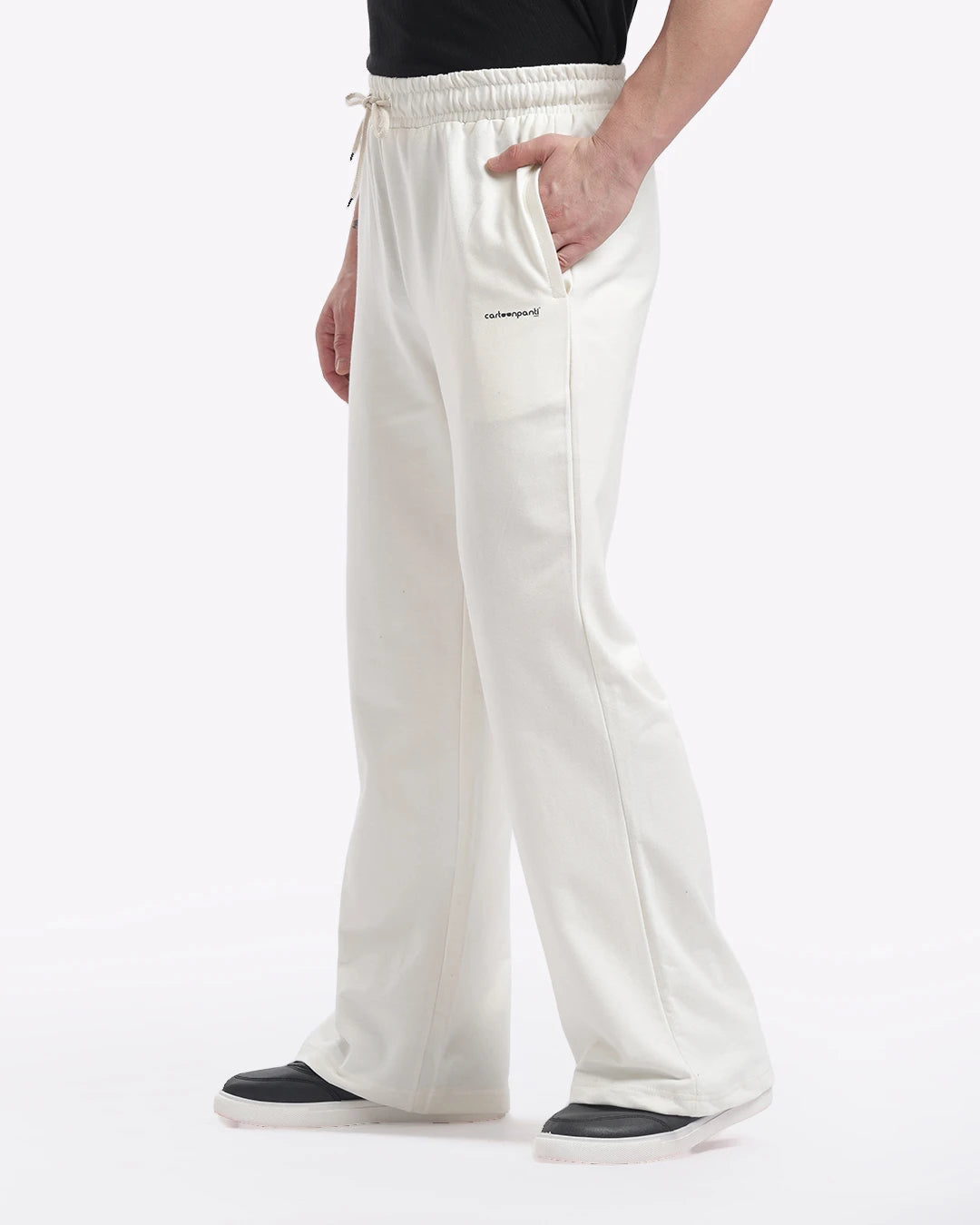 White pants with a brand logo on a white background