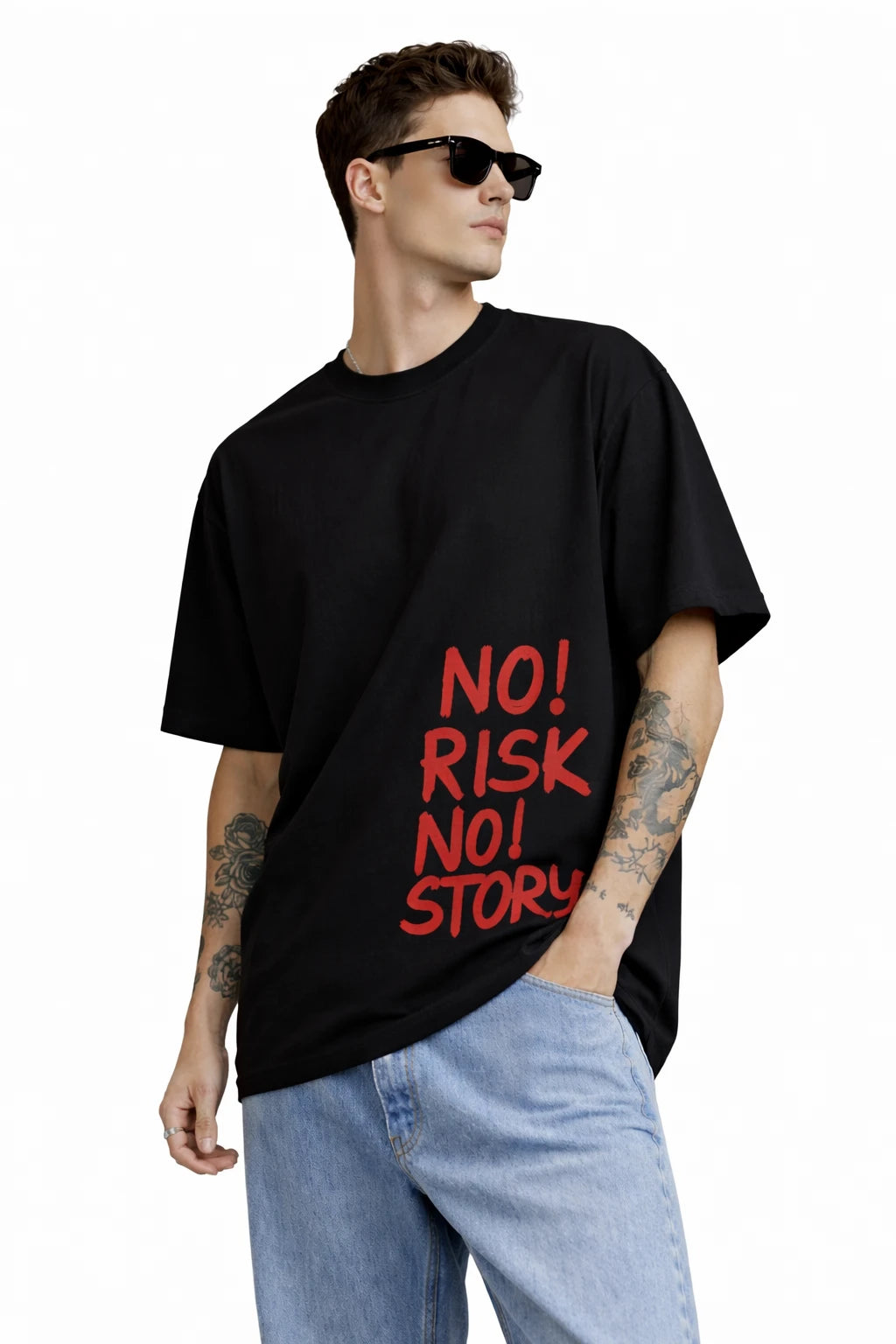 Man wearing a black t-shirt with red text 'NO! RISK NO STORY' on a white background