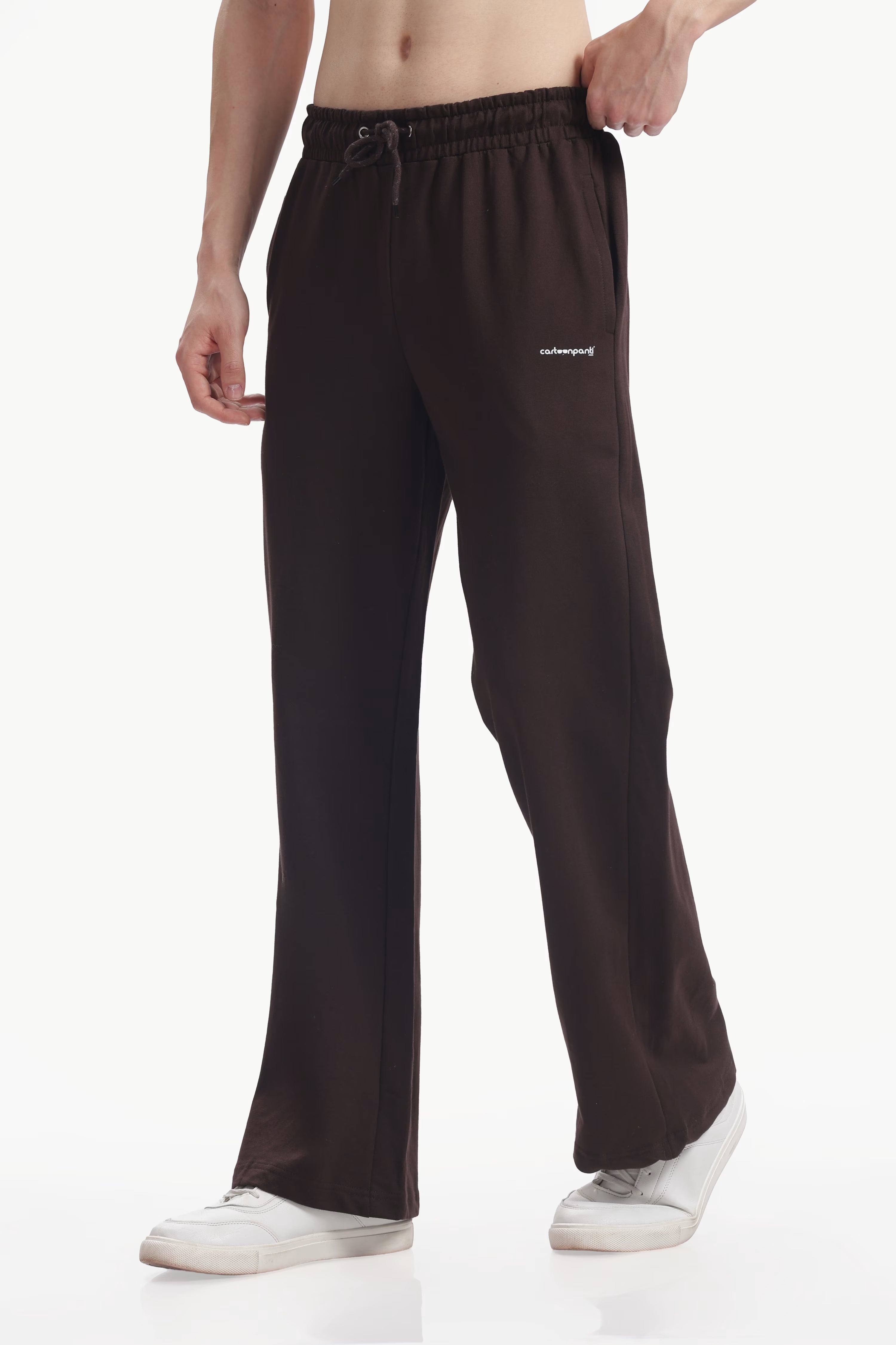 Brown sweatpants with a brand logo on a white background