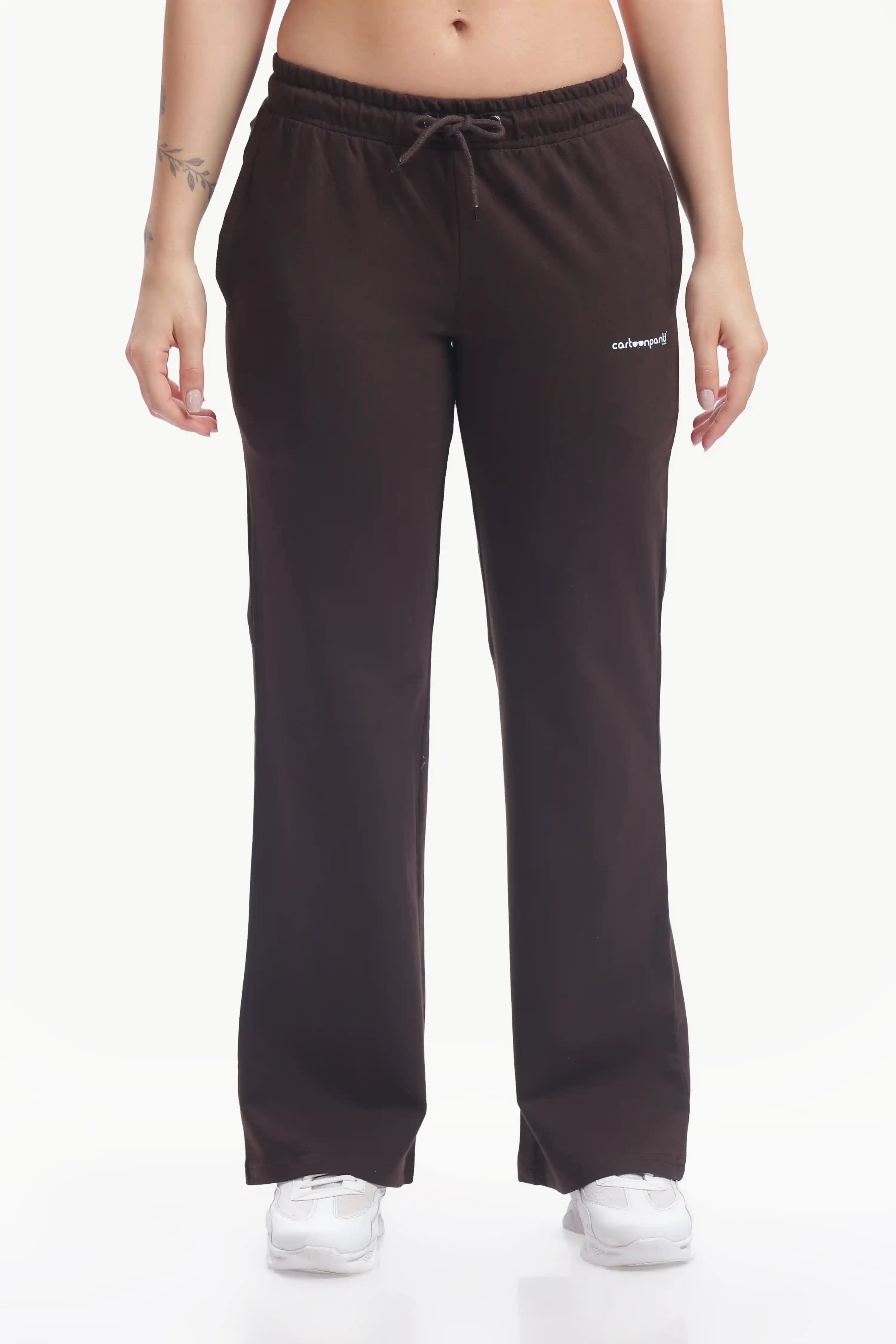 Brown sweatpants with a brand logo on a white background