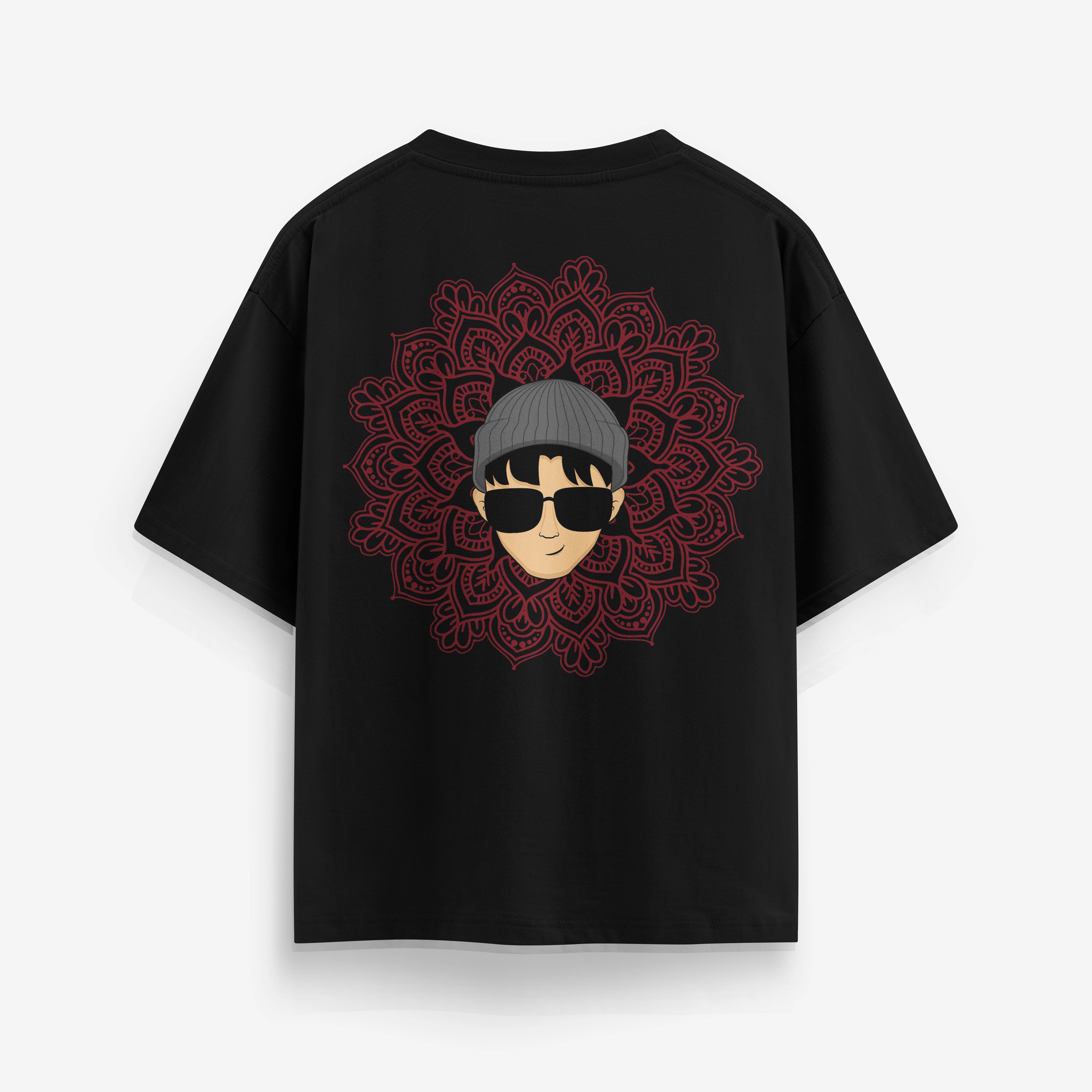 Black oversized t-shirt with a graphic design of a person wearing sunglasses and a beanie on the back, mandala  art by chaap cartoonpanti india 