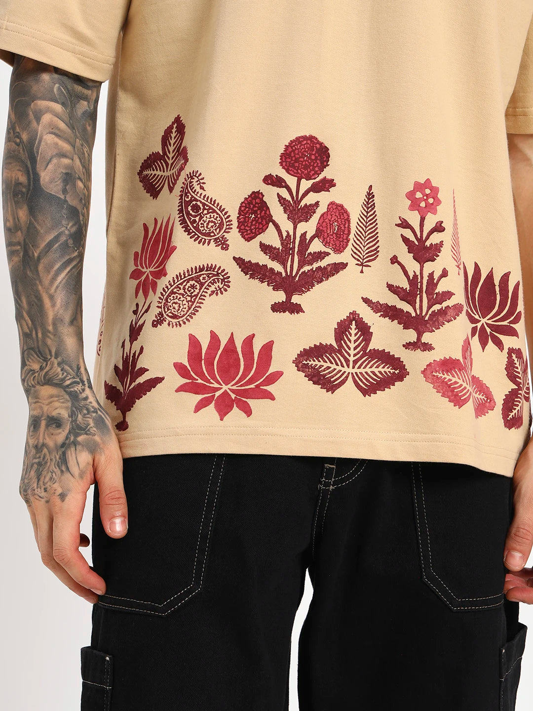 Beige oversized t-shirt with red floral patterns by cartoonpanti by india