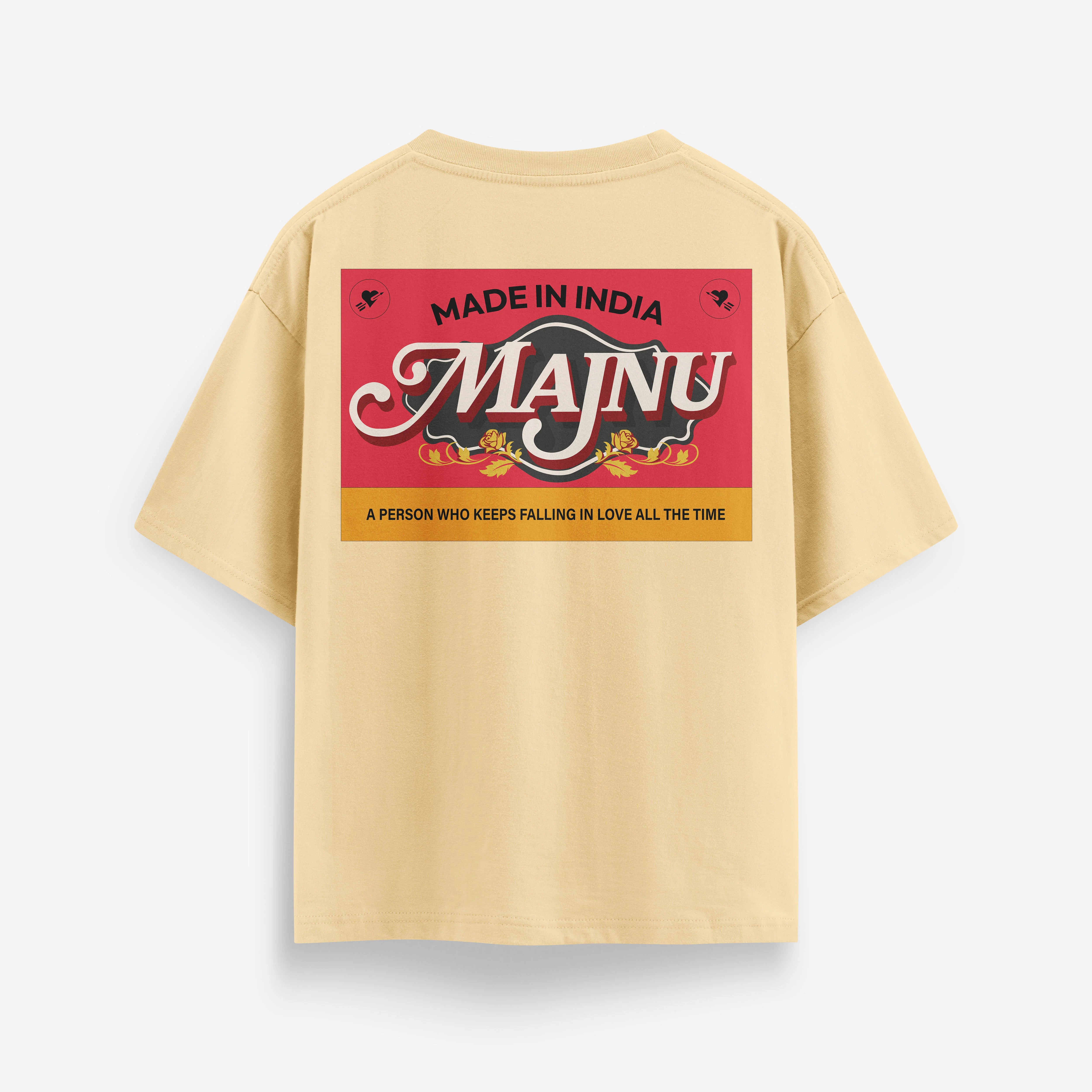 Beige Oversized t-shirt with 'MAJNU' by cartoonpant by india