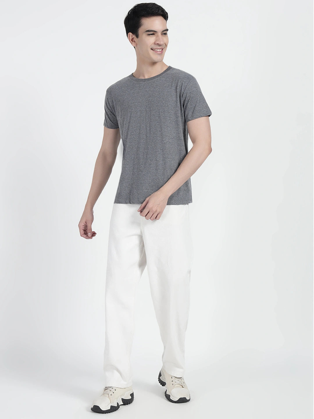 wearing a dark grey plain T-shirt by cartoonpanti india