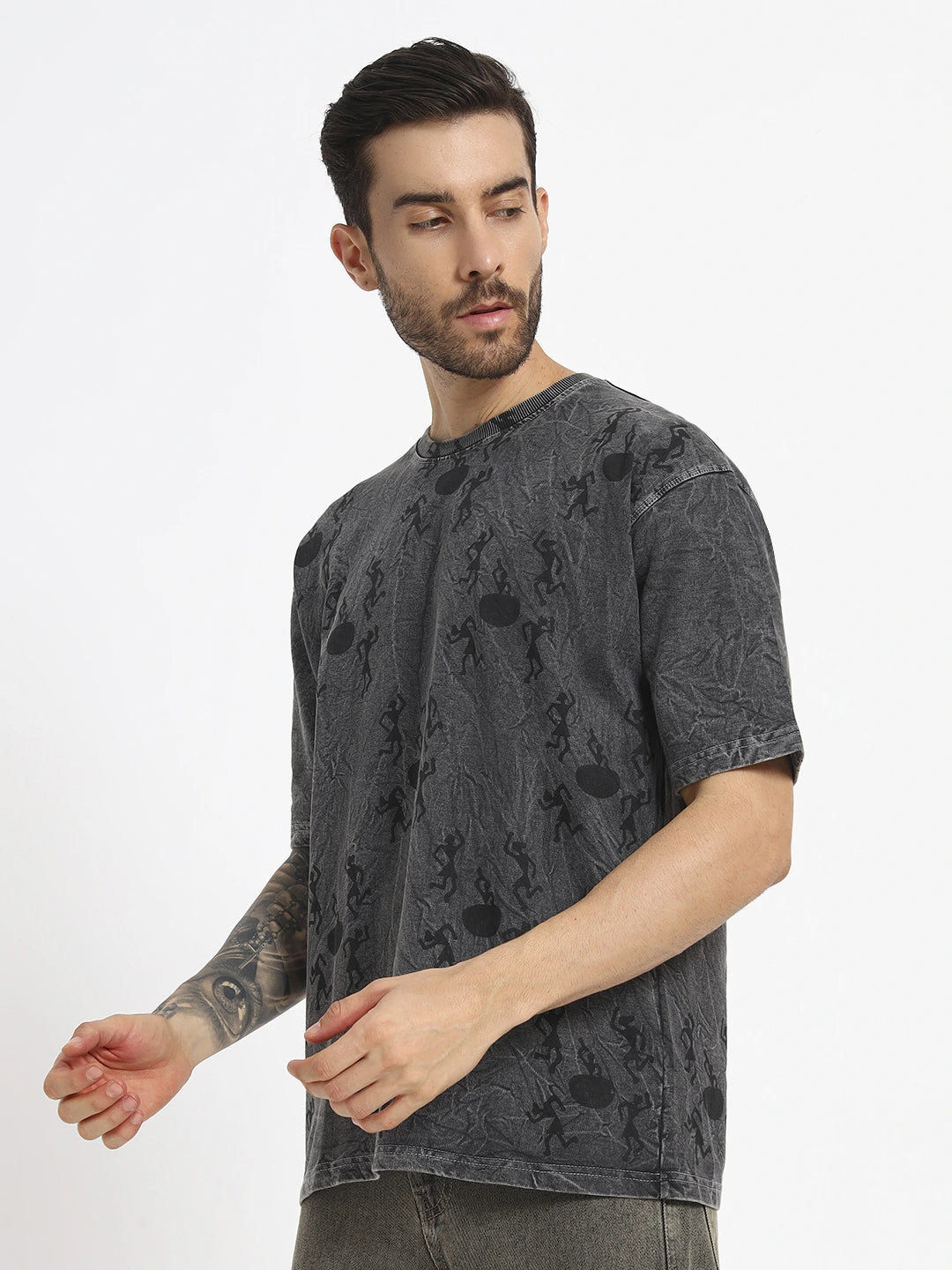 Man wearing a dark gray Oversized  t-shirt  by cartoonpanti  india