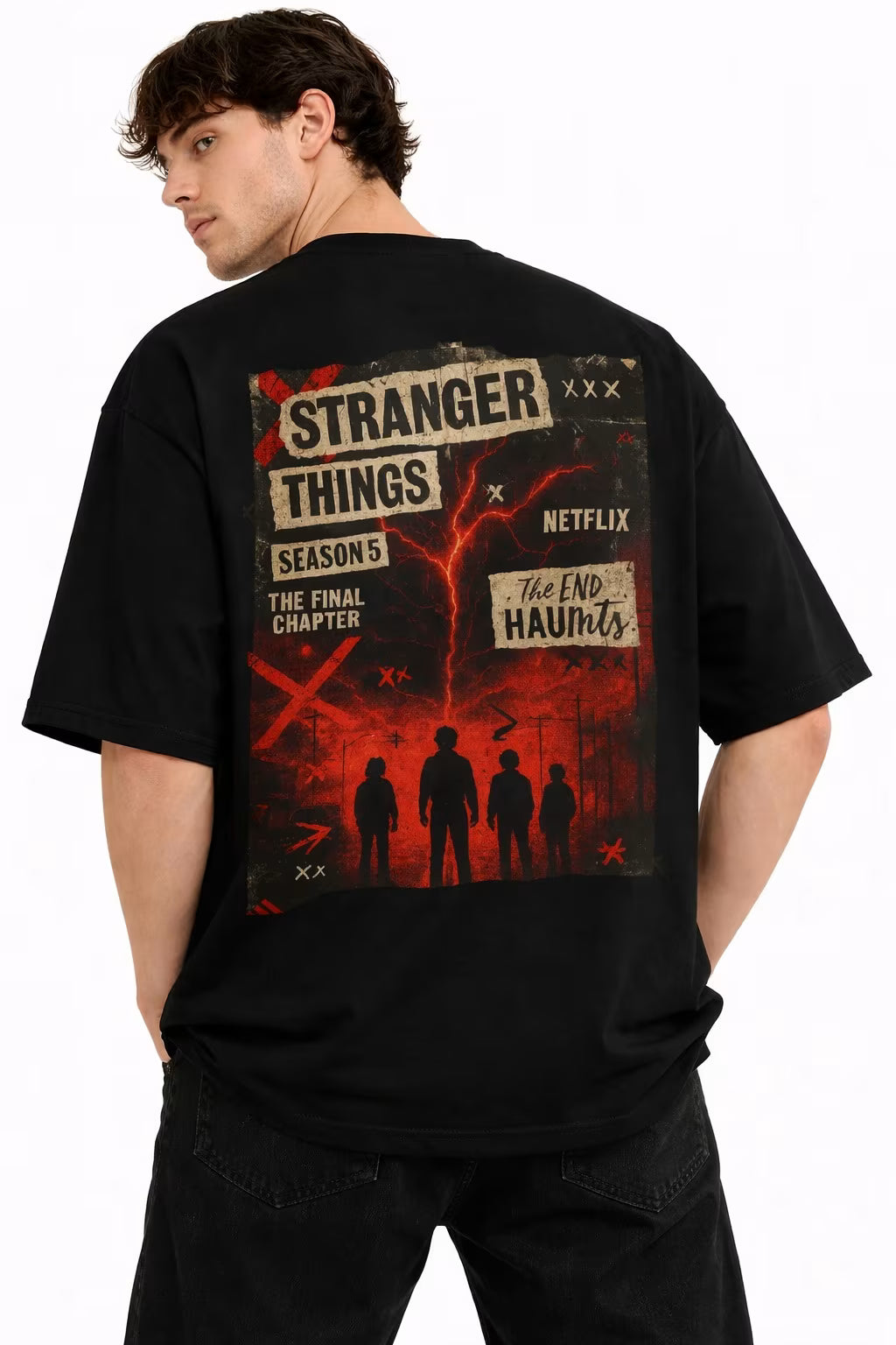 Stranger Things Oversized Graphic T-Shirt – Black
