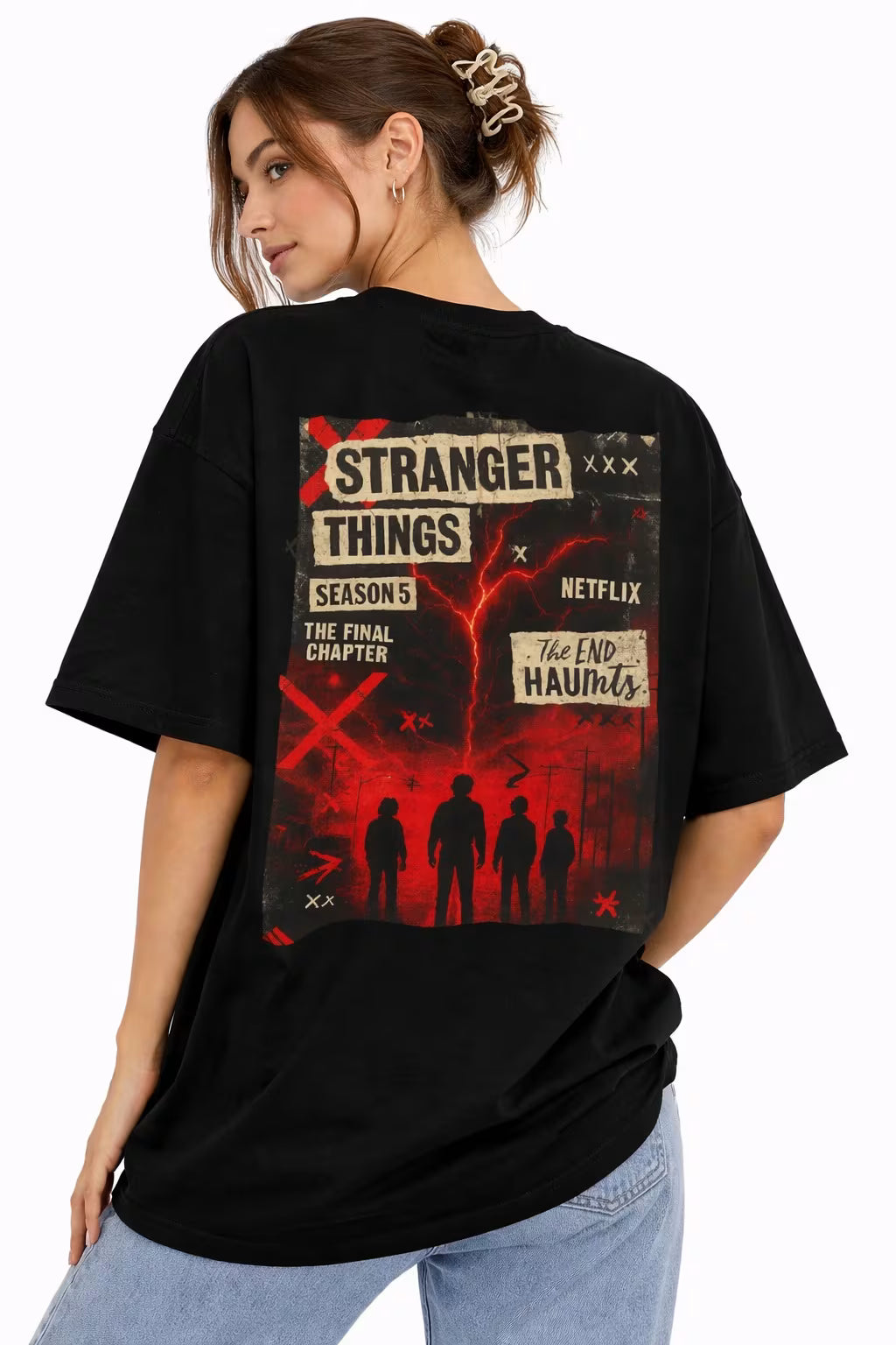 Stranger Things Oversized Graphic T-Shirt – Black