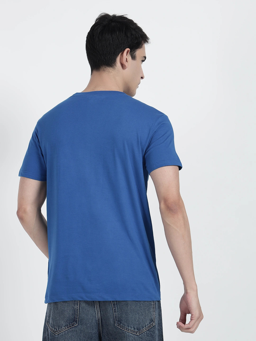 wearing a royal blue plain T-shirt by cartoonpanti india 