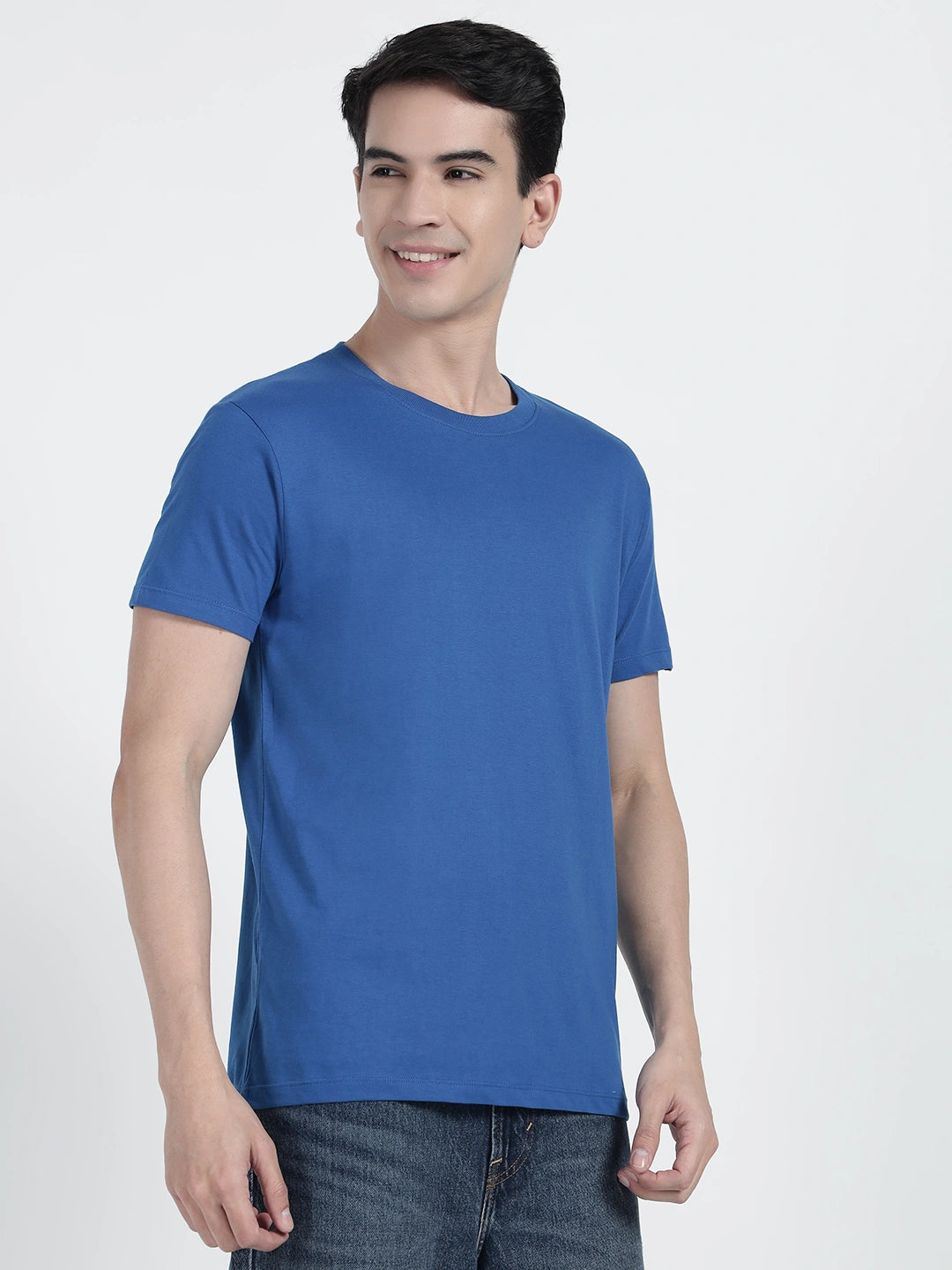 wearing a royal blue plain T-shirt by cartoonpanti india 