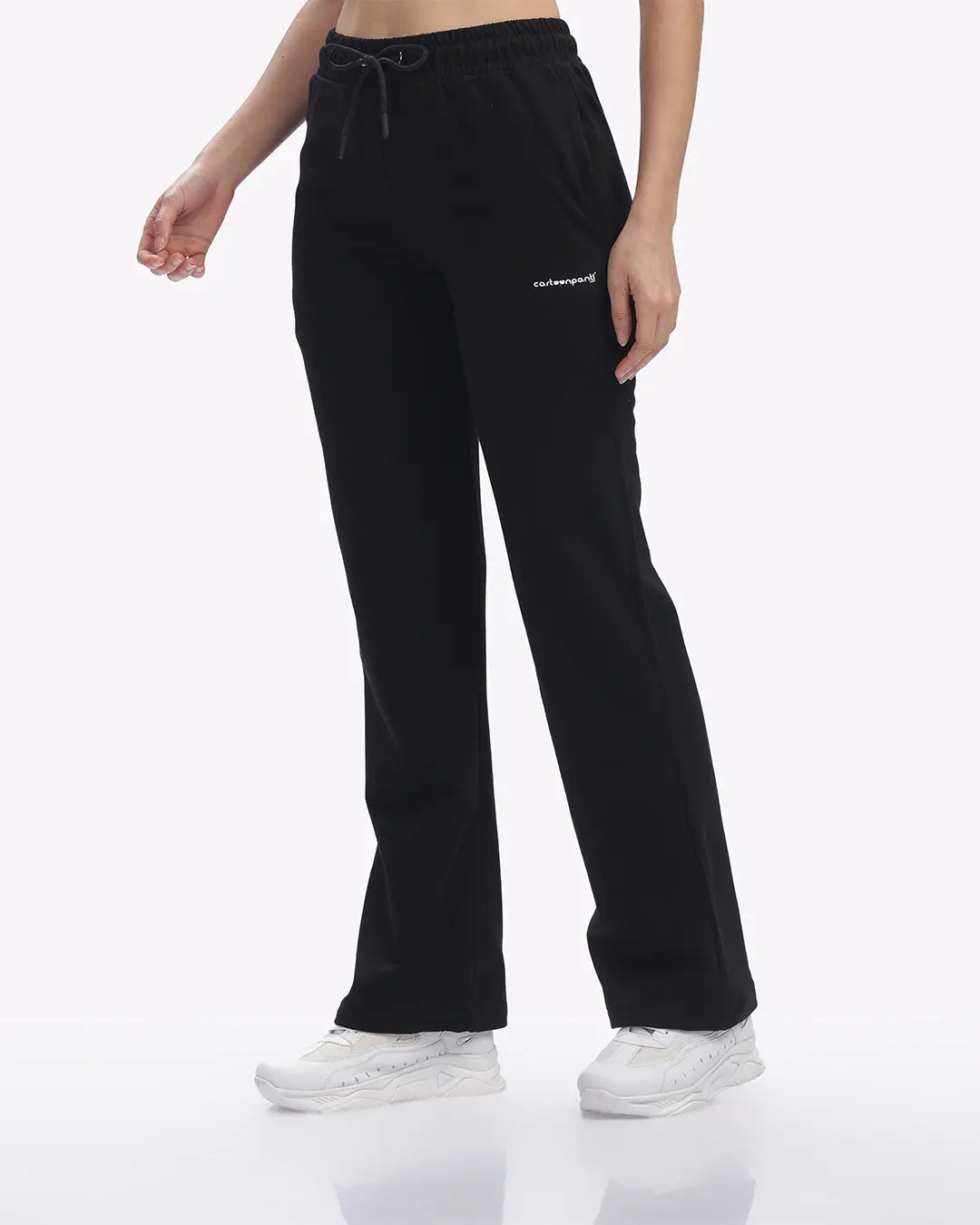 Black joggers with a brand logo on a white background