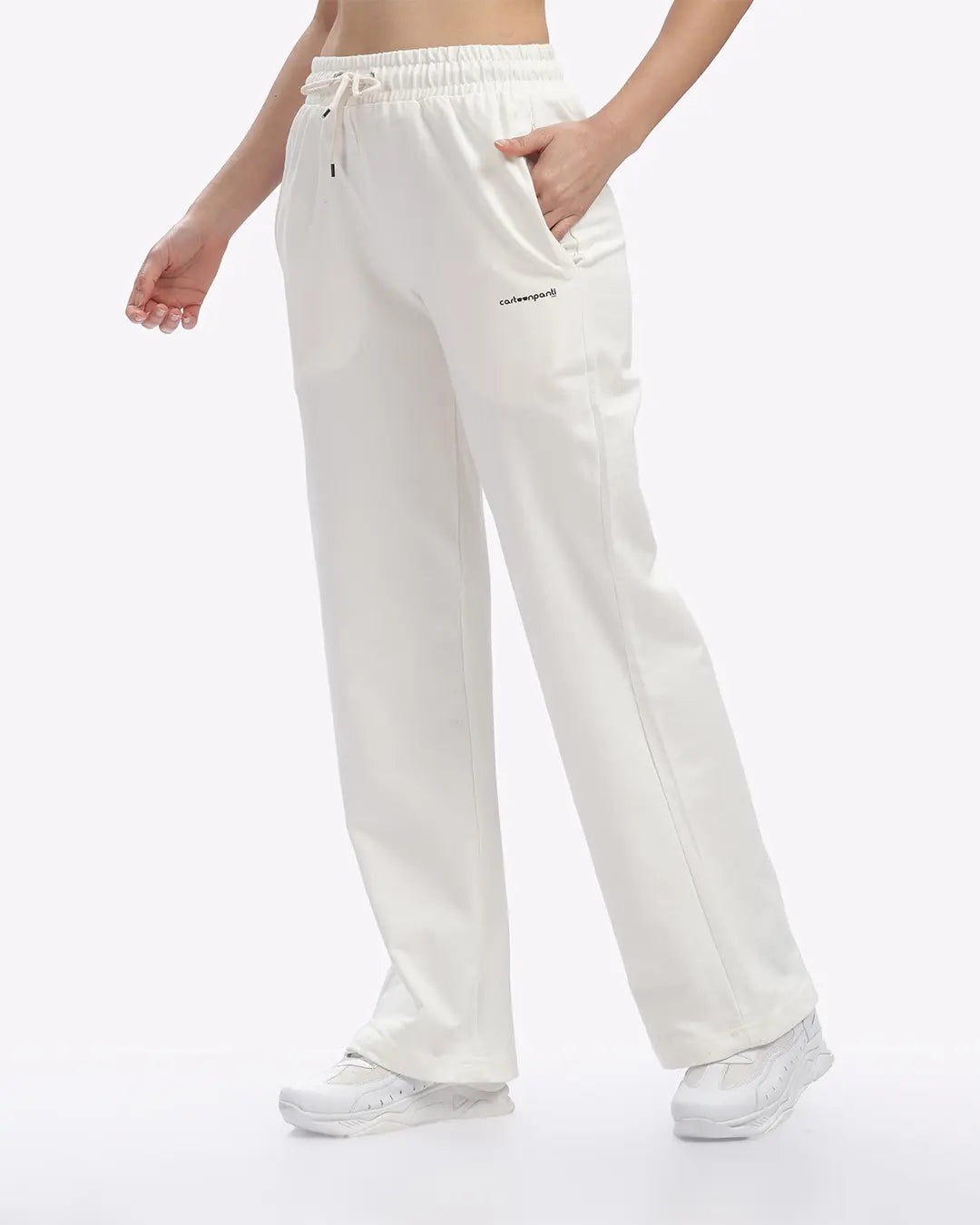 White pants worn by a person on a white background