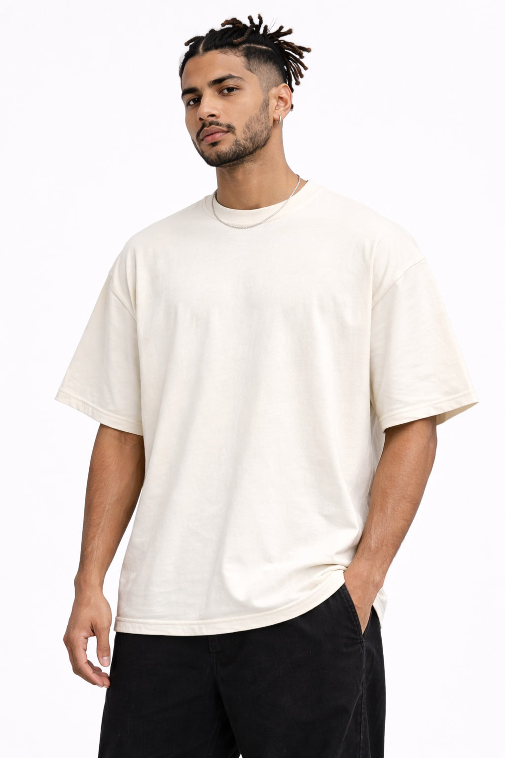 Man wearing a white t-shirt with text on the back against a white background