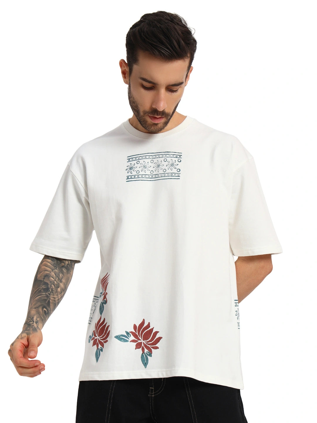 Man wearing a white t-shirt with floral designs  by cartoonpanti  india