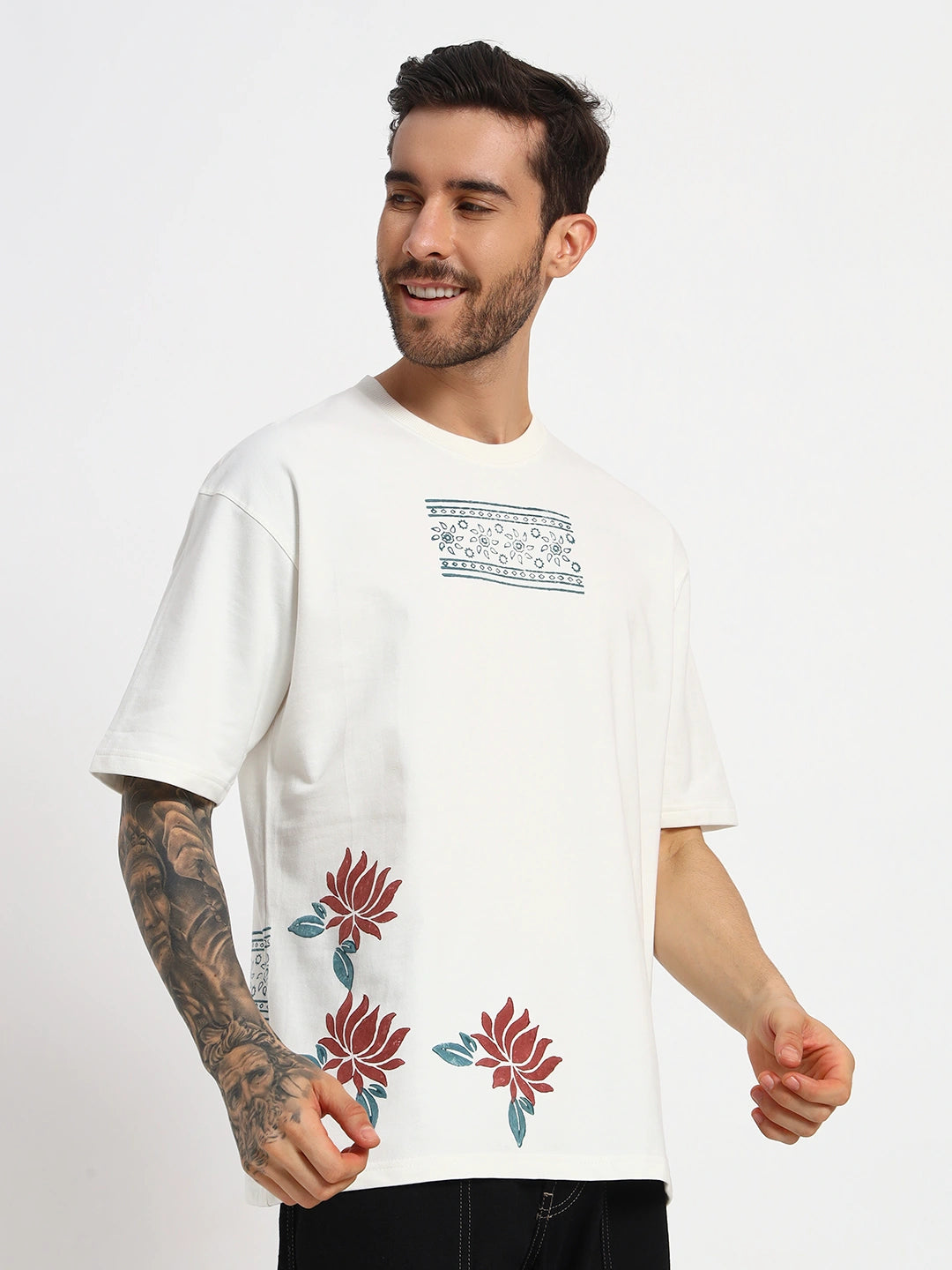 Man wearing a white t-shirt with floral designs  by cartoonpanti  india