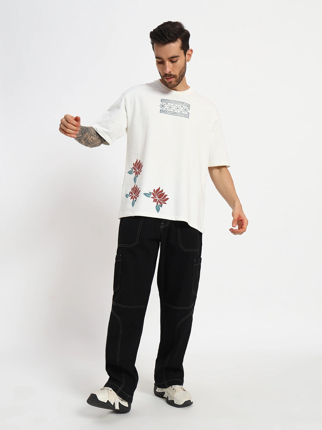 Man wearing a white t-shirt with floral designs  by cartoonpanti  india