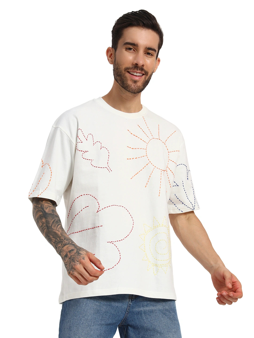 Man wearing a white t-shirt with abstract designs  by cartoonpanti  india