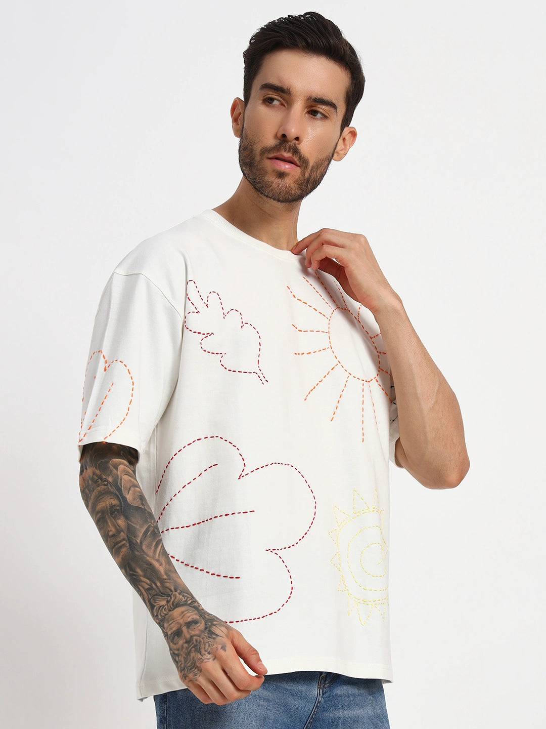 Man wearing a white t-shirt with floral designs  by cartoonpanti by india