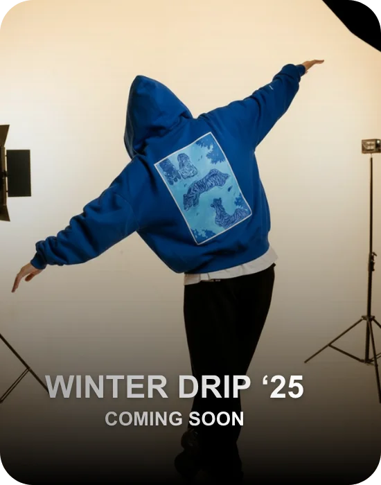 n wearing a blue hoodie with a geometric design on a neutral background, with 'Winter Drip '25 Coming Soon' by cartoonpanti india